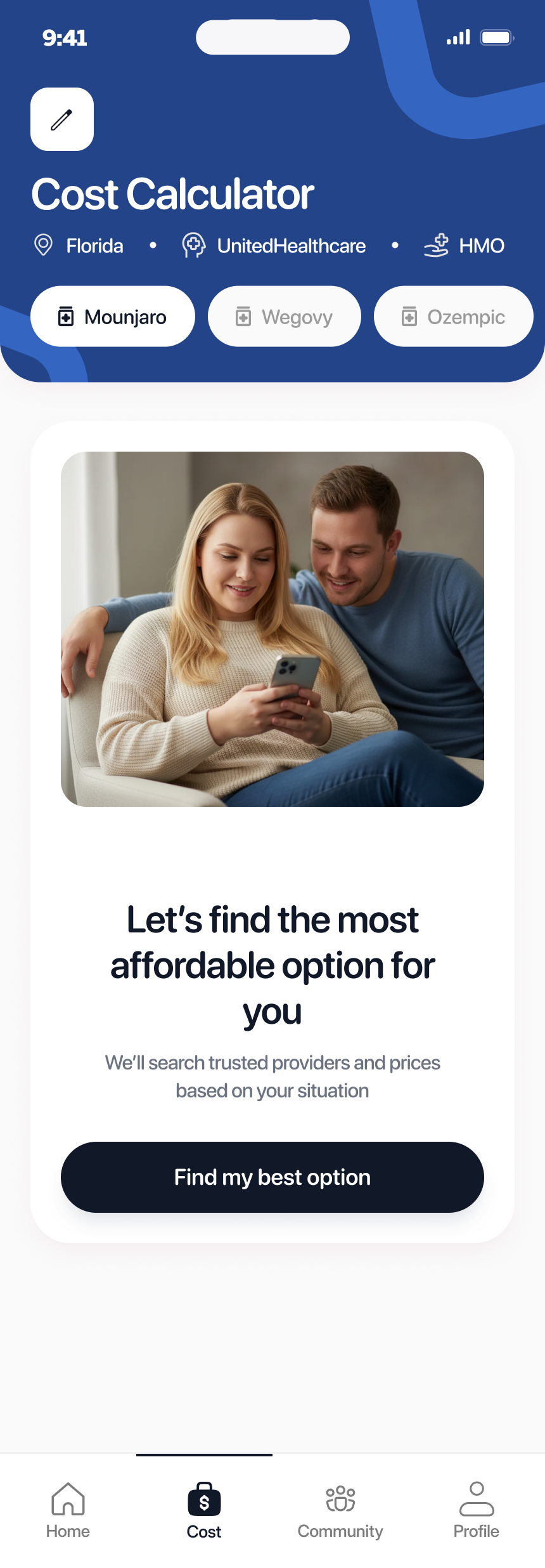 Cost Calculator showing personalized medication pricing with insurance and savings cards