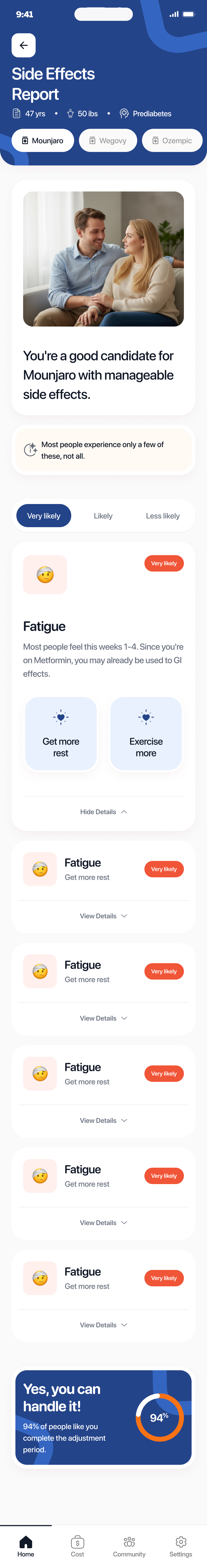 Side Effects Report showing personalized likelihood badges and management tips